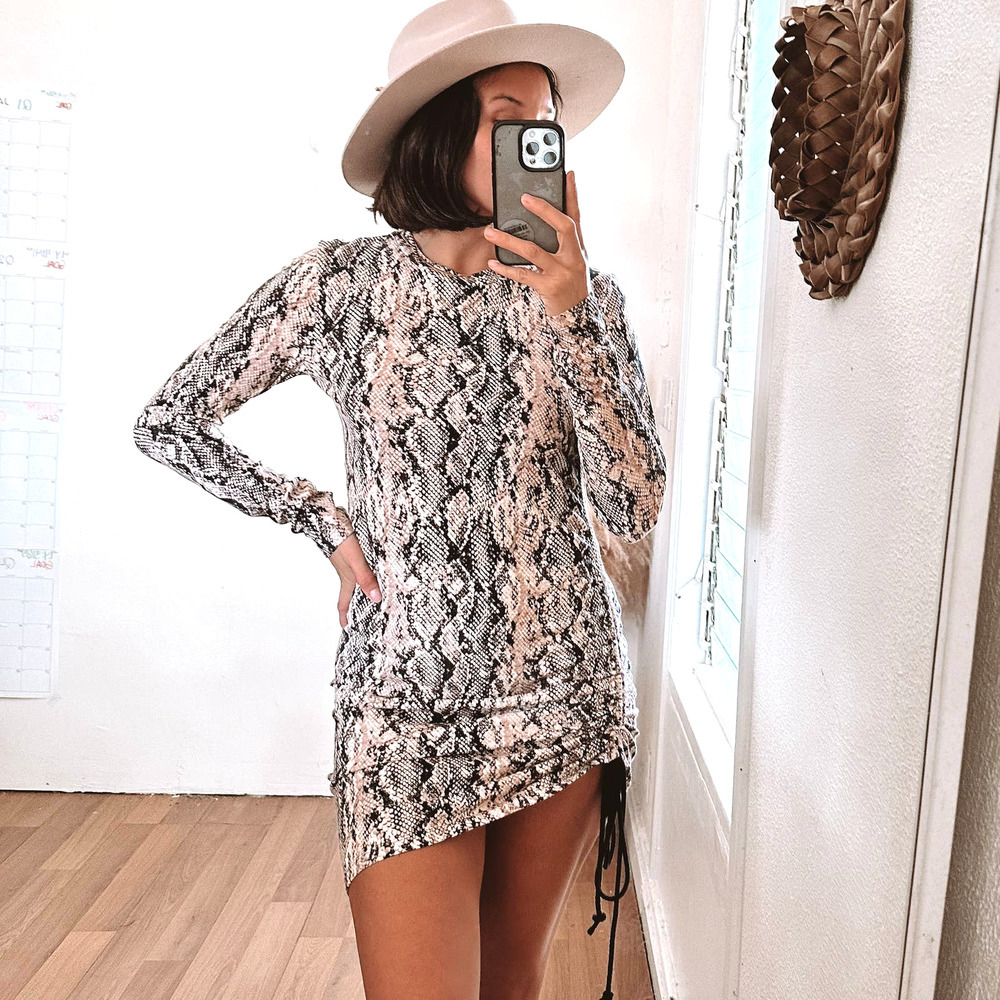 Pam & Gela Python Long Sleeve Shirred Dress Size Small